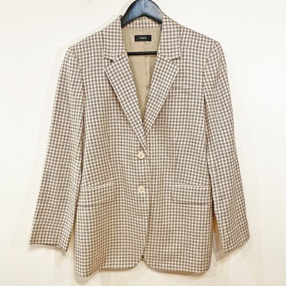 New Theory Oversized Linen Blend Plaid Blazer Ecru Black 2, XS $495 - Picture 4 of 12